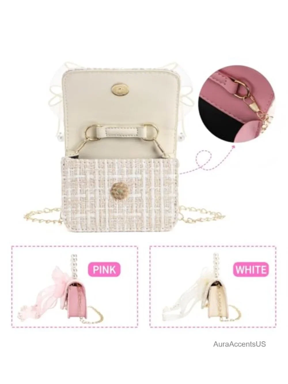 Kids Mini Crossbody Purse with Bowknot, Pearl Handle, Detachable Gold Chain, 2